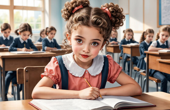 Elementary school student in class. A smart little curly girl sits at a desk in a classroom. Education concept.