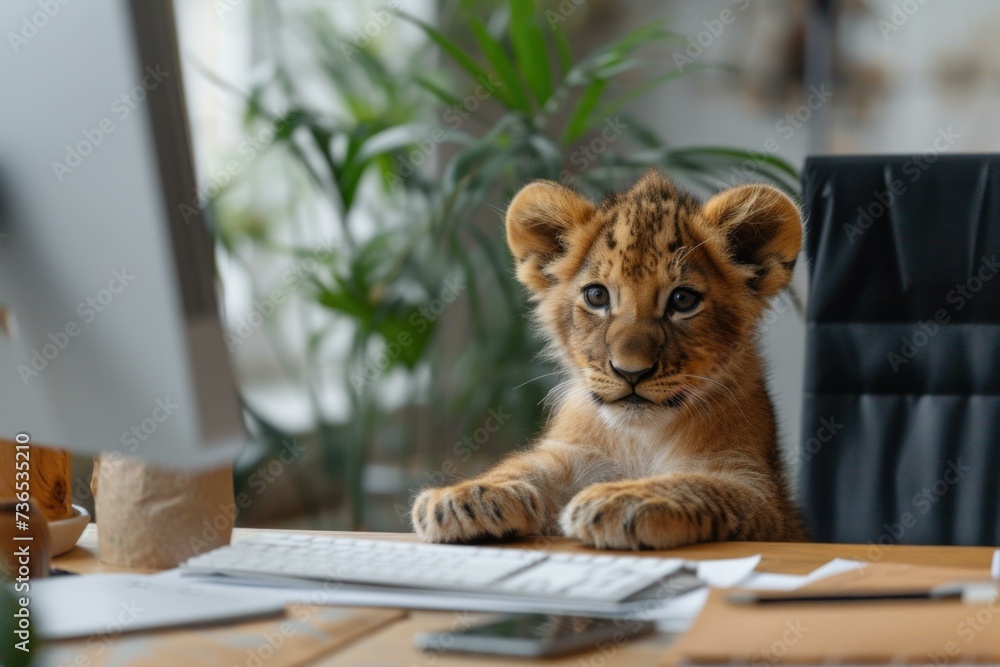 Poster a lion cub sitting at a desk with a computer. generative ai.