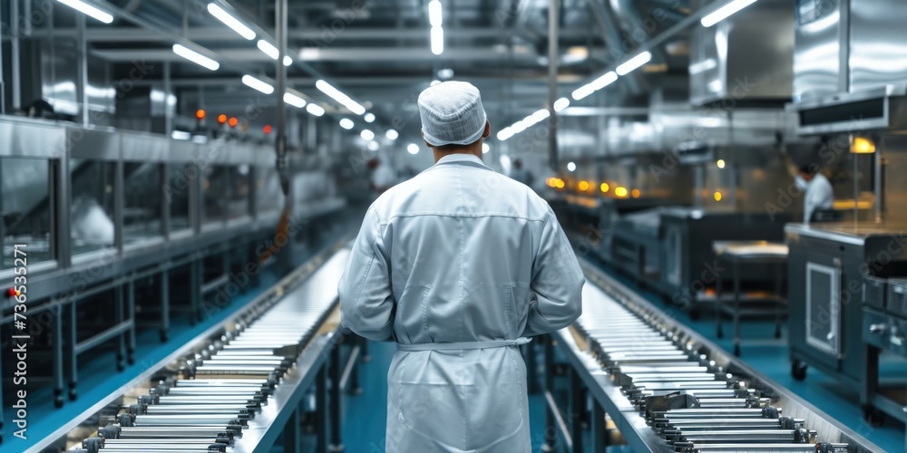 Poster a man in a white uniform standing in a factory. generative ai.