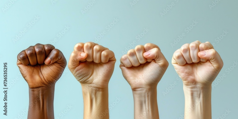 Poster five different colored fists in a row. rights. generative ai.