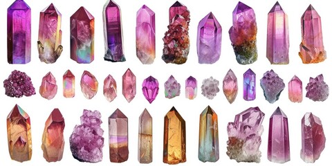 Amethyst crystals, purple, pink, green, yellow, orange, turquoise, am. Generative AI.