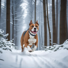 American staffordshire terrier running in the beautiful  snowy forest. Generative ai