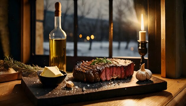 steak on a wooden board, grilled steak, beef steak close up, copyspace, banner