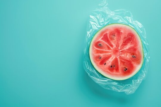 Watermelon in plastic bag on blue background. Generative AI.