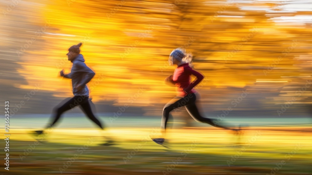 Poster two people are running in the park in the fall. generative ai.