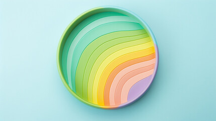 Circle with smooth wavy lines of rainbow colors on mint background