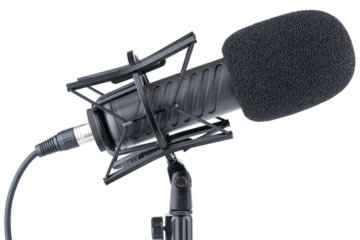 Microphone. Professional dynamic or condenser microphone. Radio broadcasting or podcast microphone with shock or anti vibration mount on stand. Mic with windshield. Recording voice, music or song