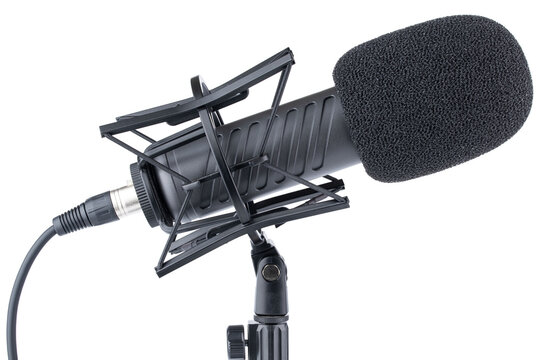 Microphone. Professional dynamic or condenser microphone. Radio broadcasting or podcast microphone with shock or anti vibration mount on stand. Mic with windshield. Recording voice, music or song