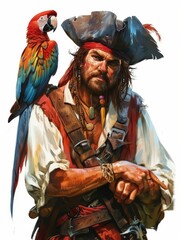 Illustration of a rugged pirate in traditional attire with a green parrot on his shoulder, set against a plain background..