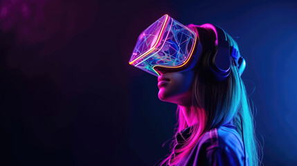 Adult girl uses VR headset on dark studio background, portrait of young woman in neon lighting, female model in futuristic glasses. Concept of glamour, fashion, technology