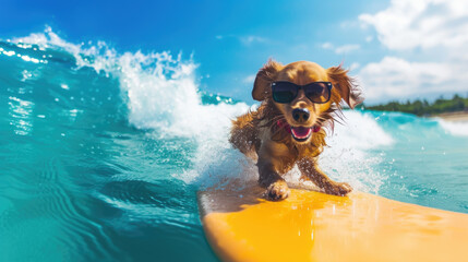 Spaniel dog in sunglasses rides sea wave, happy pet surfs in ocean, view of funny surfer sliding on blue water and sky. Concept of sport, travel, animal, vacation, resort and summer.