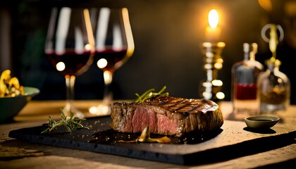 Fototapeta na wymiar steak on a wooden board, grilled steak, beef steak close up, copyspace, banner
