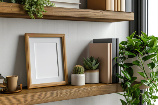 Frame mockup picture on wooden book shelf, detail of modern room interior with white blank poster and green plants. Concept of home design, bookshelf, mock up, greenery