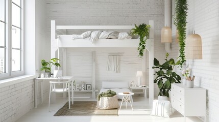 A serene and cozy white bedroom with a loft bed, complete with a workspace underneath, bathed in natural light from a nearby window.
