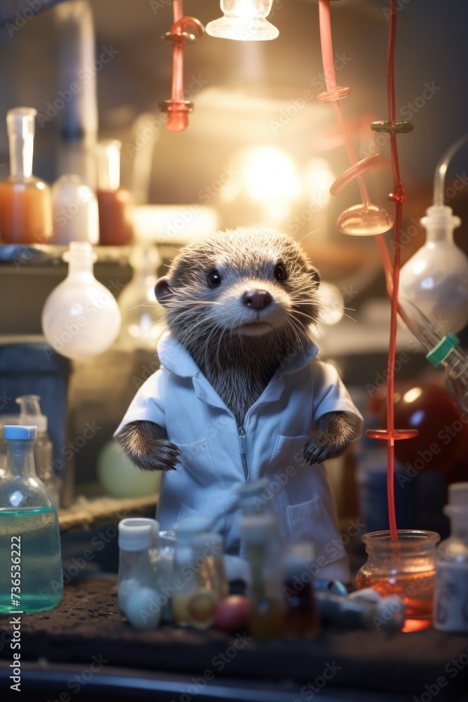 Aufkleber a raccoon in a lab coat standing in front of a counter. generative ai.