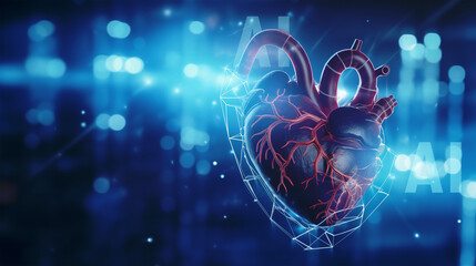 3d rendered heart isolated on a light blue bokeh blur background modern technology use of AI in heart diseases cardiology - obrazy, fototapety, plakaty