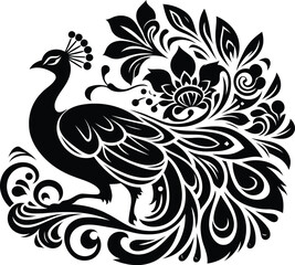 peacock, bird silhouette flowers ornament decoration, floral vector design. 