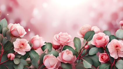 Elegant pink roses and eucalyptus leaves background