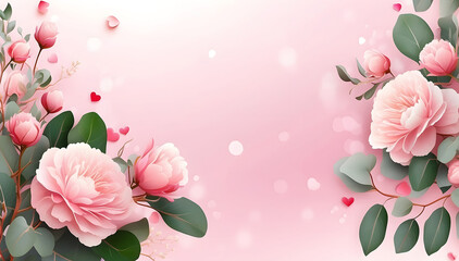 Romantic background with pink flowers and eucalyptus branches. Vector illustration.