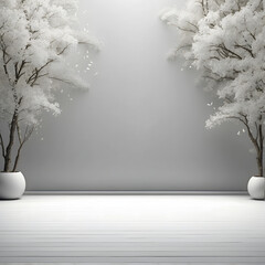 3d render of white room with tree on wall and wooden floor