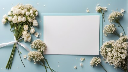 Flowers composition. Greeting card mockup with white flowers on blue background. Flat lay, top view, copy space
