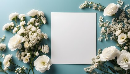 Flowers composition. White flowers on blue background. Flat lay, top view, copy space