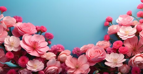 Bouquet of pink flowers on blue background. Top view.