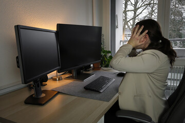 Stressed overworked woman working in home office, holding her head