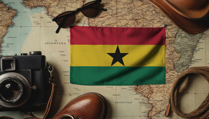 Ghana flag lies on the map surrounded by camera, glasses, travel and tourism concept