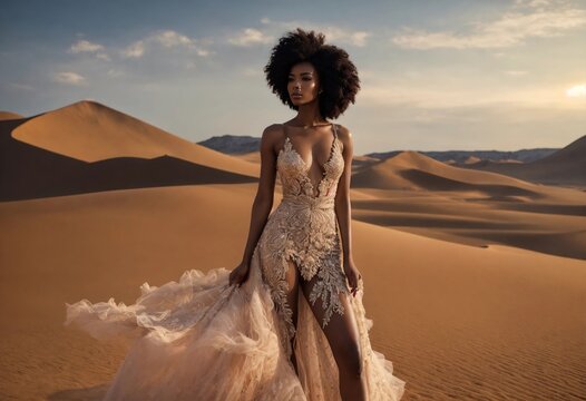 fashion photo of beautiful woman in a long luxurious dress posing. ai generative