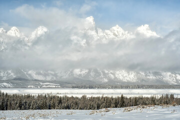 Tetons on a foggy morning in Jackson Hole; Grand Teton NP; Wyoming