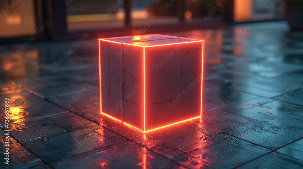 Poster glowing cube on tiled floor. generative ai.