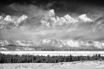 Tetons on a foggy morning in Jackson Hole; Grand Teton NP; Wyoming