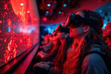 future of entertainment with virtual reality, holographic displays, and interactive storytelling, media and entertainment - obrazy, fototapety, plakaty