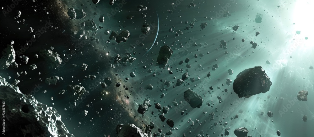 Poster 3d depiction of an asteroid field in space.