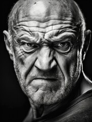 Black and white photo of an angry old man.