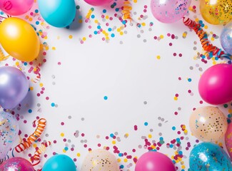 Colorful balloons, ribbons, and confetti on a white background, creating a festive atmosphere.