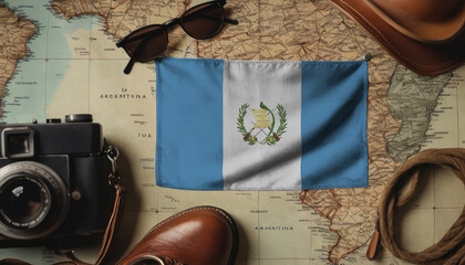 Guatemala flag lies on the map surrounded by camera, glasses, travel and tourism concept