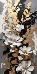 flowers and plant illustration using hard oil paste on wall using gold, black and white colors