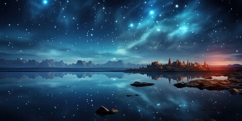 A night sky filled with countless stars reflected on the surface of a body of water.