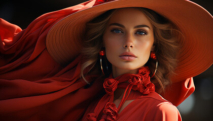 Beautiful woman, fashion model, elegance, sensuality, long hair, glamour, smiling generated by AI