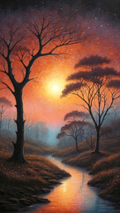 beautiful oil painting of sunset in the forest