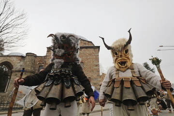 First masquerade festival "Djamala" in Kyustendil, Bulgaria. People with mask called Kukeri dance and perform to scare the evil spirits.