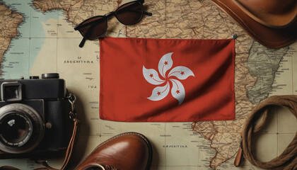 Hong kong flag lies on the map surrounded by camera, glasses, travel and tourism concept