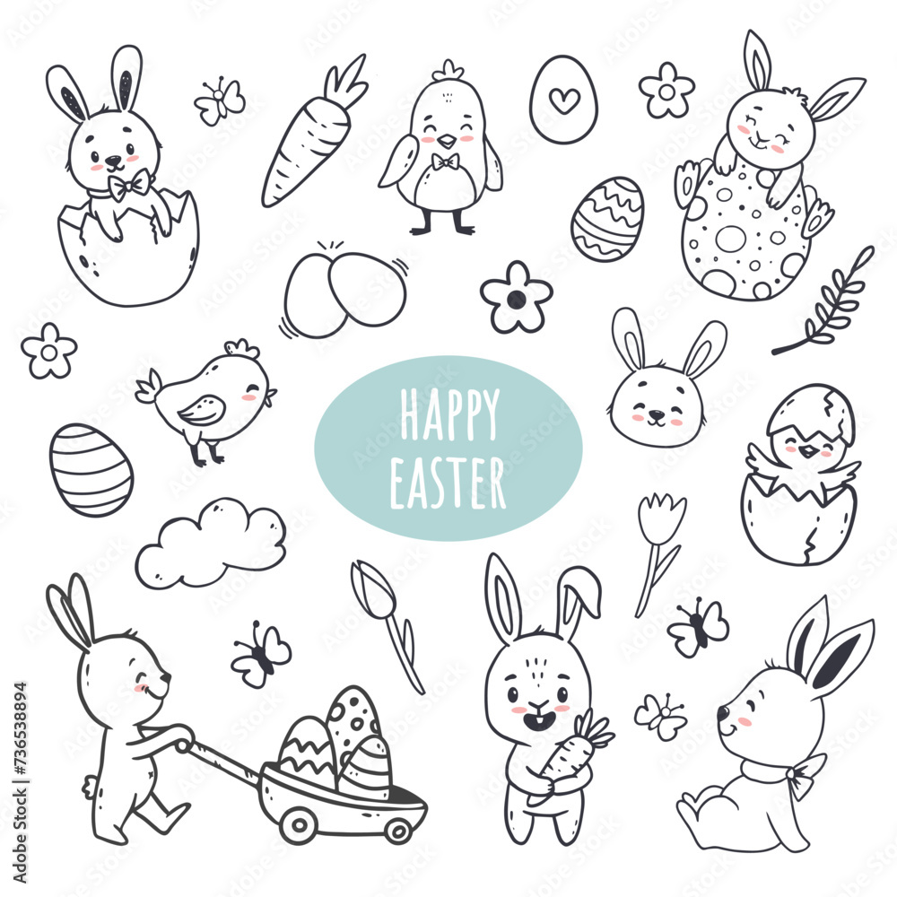 Wall mural set of easter elements on white background for your design. easter bunny and eggs in doodle style. v