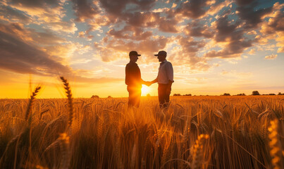 Two happy farmers shake hands wheat field under a clear blue sky. Two people in nature, wearing hats, are shaking hands wheat field under blue sky. natural landscape of the grassland makes them happy - Powered by Adobe