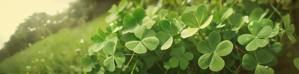 Fototapeta na wymiar Photographic illustration of 4 leaf clovers horizontal banner st patrick's day lucky clover