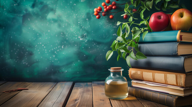 Vintage Education Still Life with Apples, Books, and Inkwell