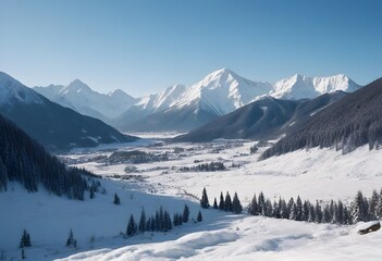 A snow-covered valley with snow-capped mountains in the background and a dense forest of coniferous trees in the foreground under a clear blue sky - Powered by Adobe