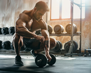 A handsome man working out with dumbbell in the gym